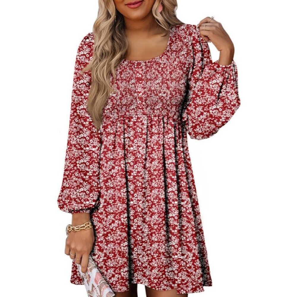 Womens Casual Smocked Crewneck Button Long Sleeve Empire A-Line Mini Dress